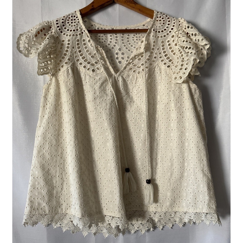 Jennifer & Grace Eyelet Lace Flutter Sleeve Blouse Boho Romantic L
